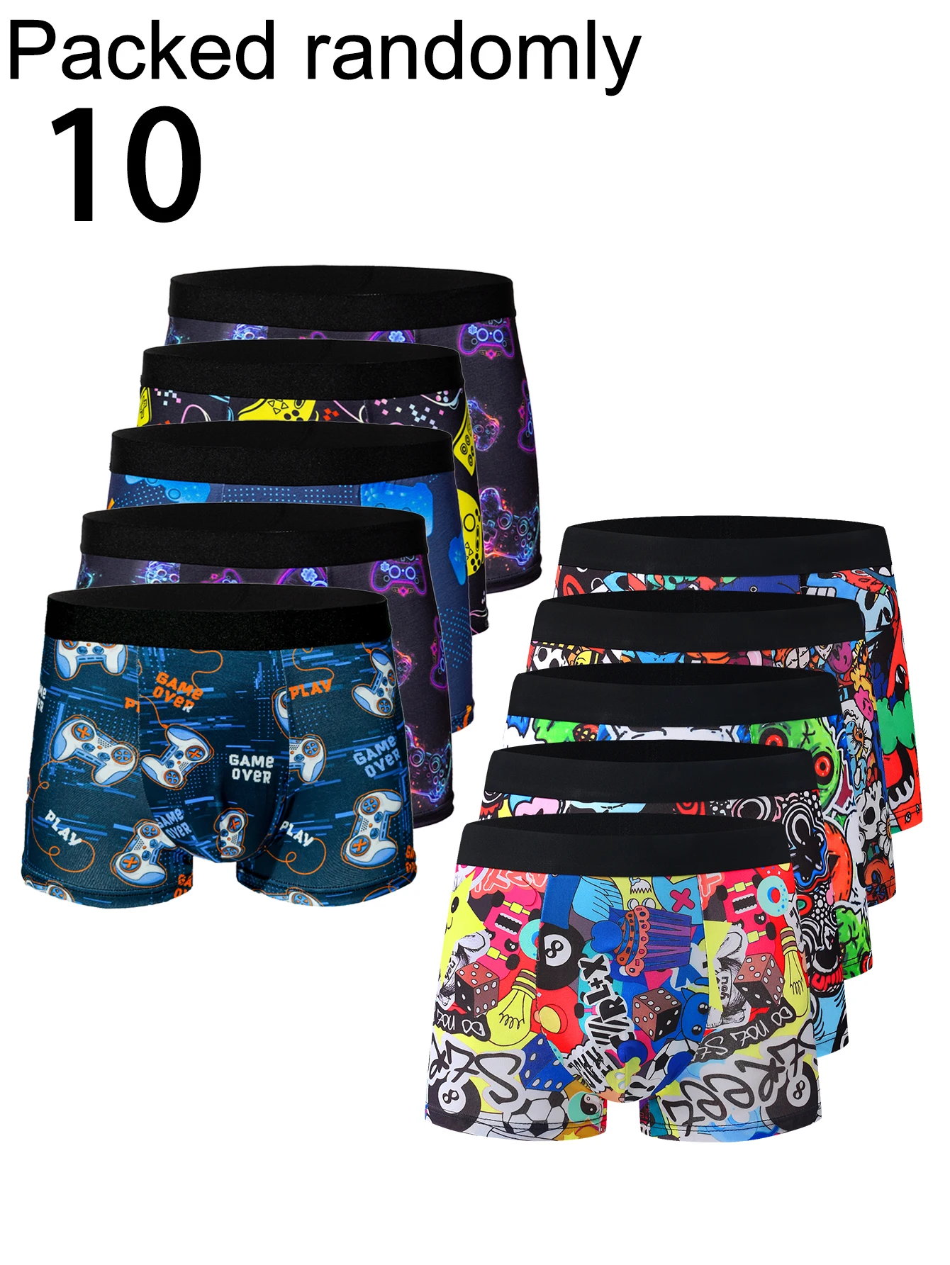 10-Pack Men's Boxer Shorts Assorted Cartoon Animal & Street Graffiti Prints Mid-Waist Comfortable High Elasticity Underwear for