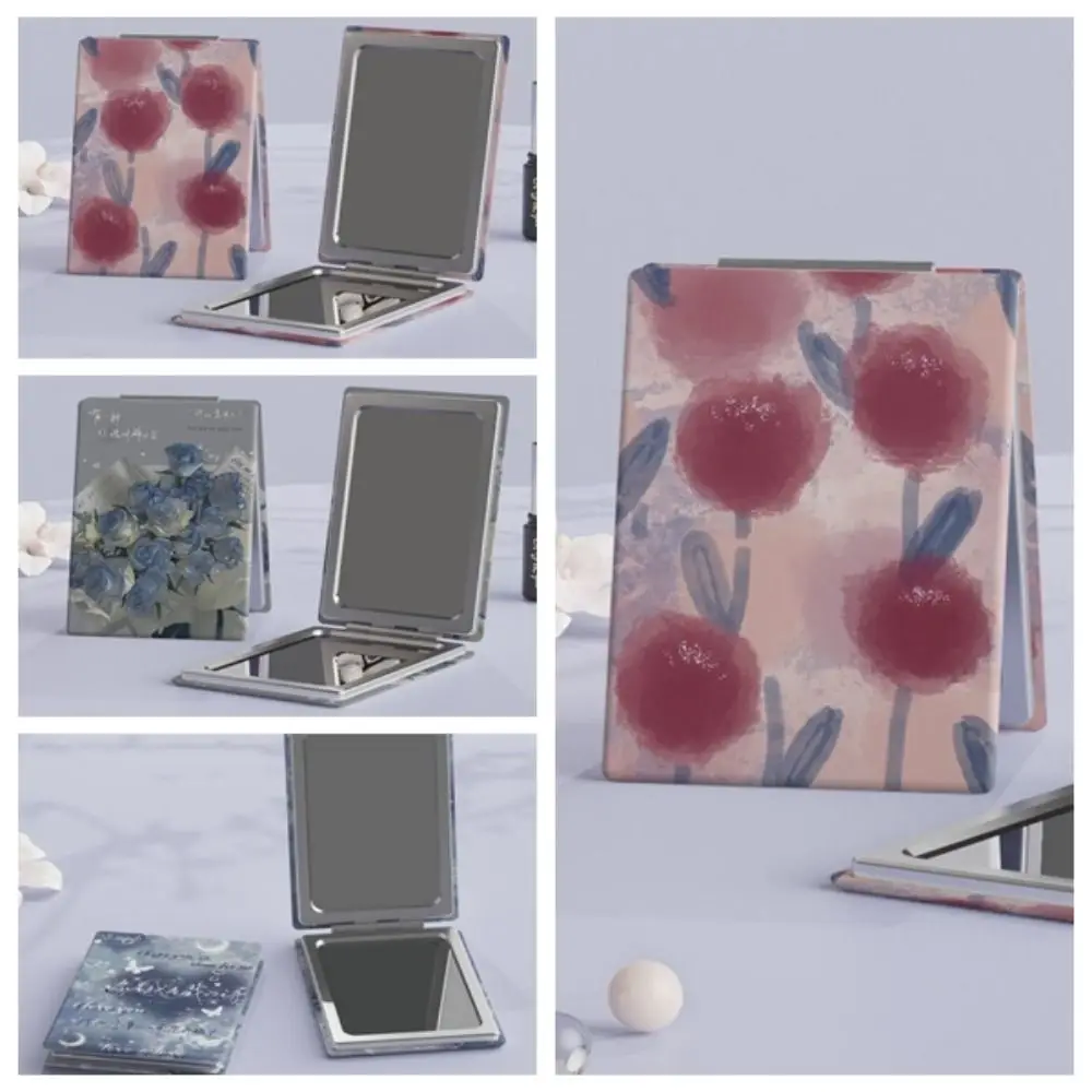 Cute PU Folding Makeup Mirror Foldable High Definition Foldable Cosmetic Mirror Blue Rose Tulip Rectangle Pocket Mirror Travel