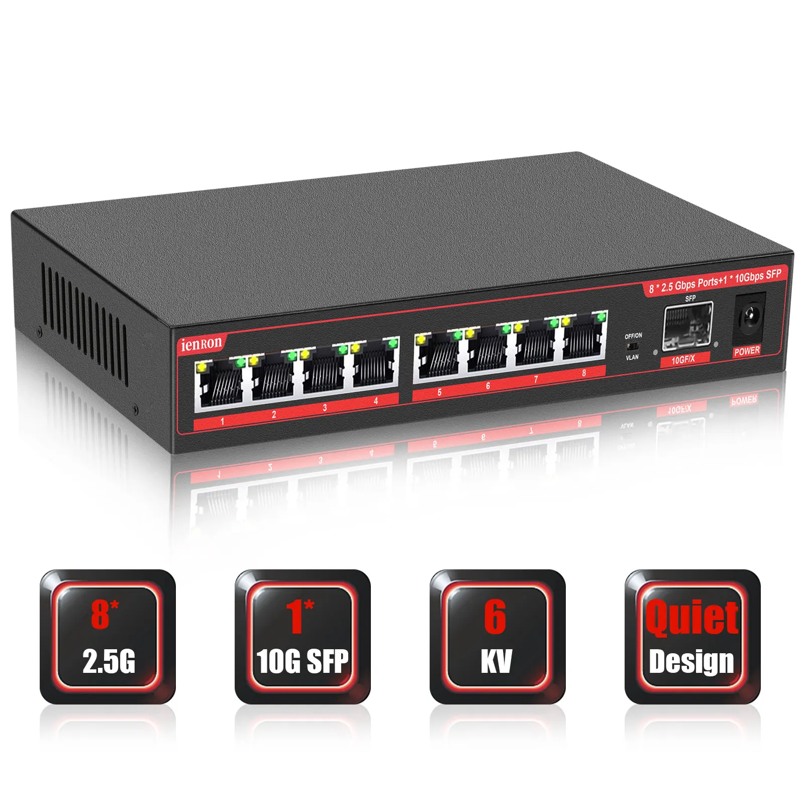 

IENRON 2.5 Gigabit Switch 8 Ports 2.5G Network and 10G SFP 2500Mbps Ethernet Unmanaged LAN RJ45 Hub for Wireless AP/Wifi 6/VDI