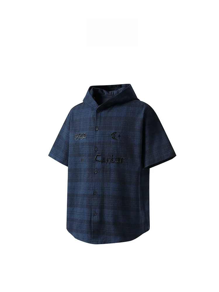 

Free Center American Retro Plaid Hooded Shirt Women's Loose Summer Outerwear Cotton Short Sleeve Button Closure Street Style