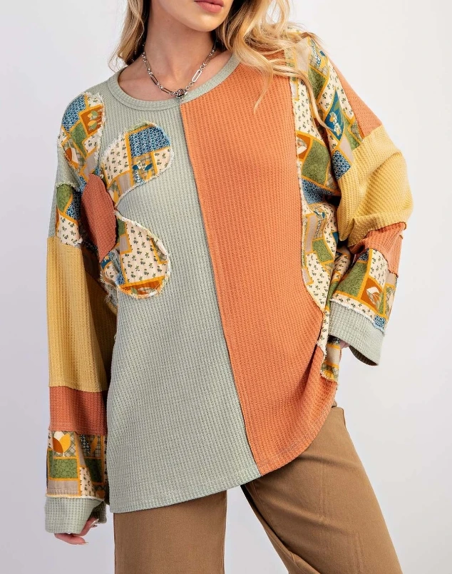 

Color blocking printed waffle top casual loose hoodie