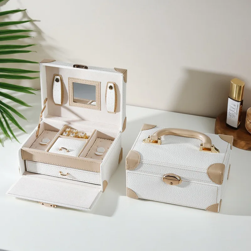 Double-layer Jewelry Box Handheld Leather Jewelry Storage Boxes Portable Ring Earring Organizer Box Women Bracelet Storage Case