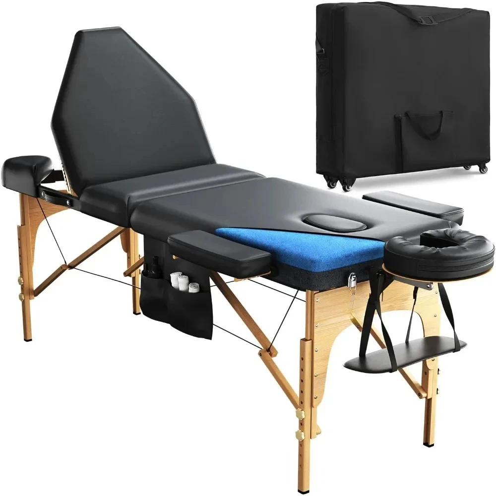 3-Section Premium Memory Foam Massage Table with Rolling Travel Case - Easy Set Up (Black)