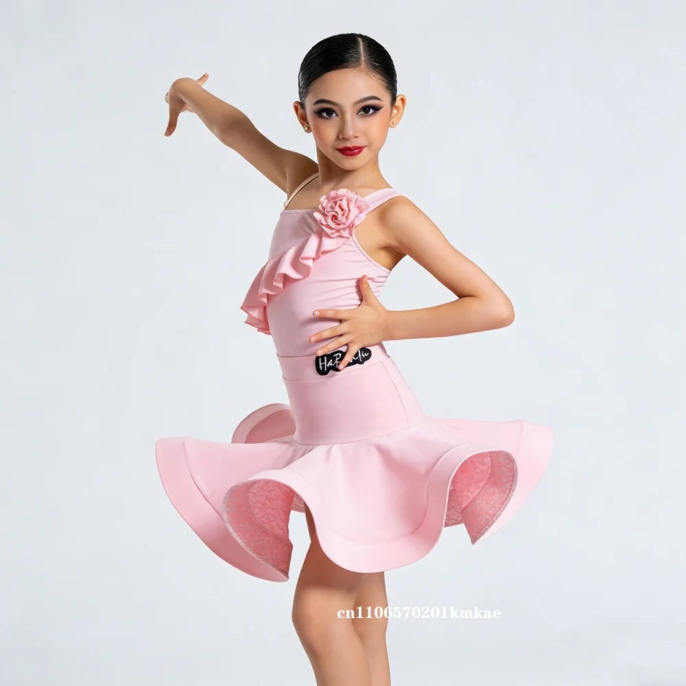 レースガールズラテンフリルダンスドレスチャチャサンバルンバ子供子供社交プロ競技衣装練習サルサ