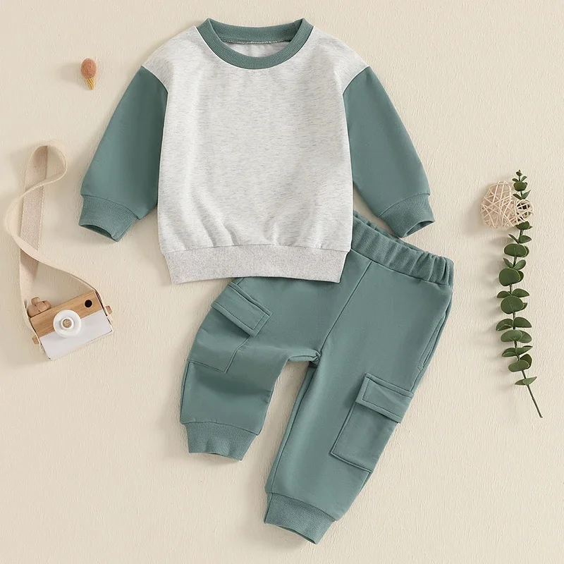 Toddler Clothes Baby Boys Children Long Sleeve Contrast Color Sweatshirt + Cargo Pants Clothing Set 2Pcs Outfit