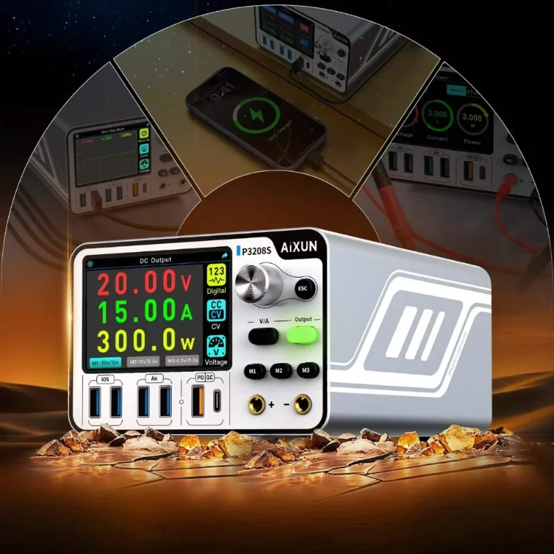 AiXUN P3208S DC Regulated Power Supply 0-32V 0-15A 300W 3.5-inch IPS Screen for Phone PCB Repair Fast Charging
