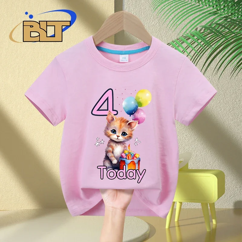 T-shirt d'anniversaire pour fille de 4 ans, imprimé chat mignon, pour enfant, en coton, à manches courtes, cadeau, nouveauté