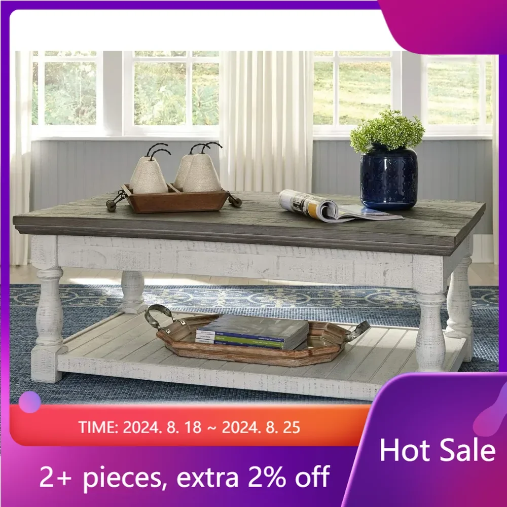 Farmhouse Lift Top Coffee Table With Fixed Shelf and 2 Hidden Storage Trays Gray & White With Weathered Finish Furniture Mesas