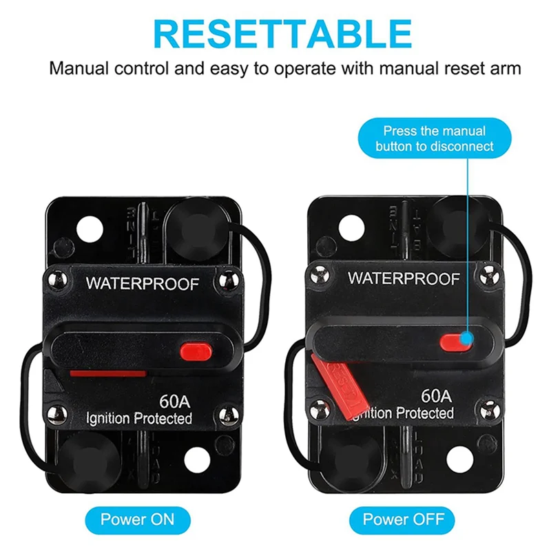 ETRT 5X Waterproof Circuit Breaker,With Manual Reset,12V-48V DC,60A,For Car Marine Trolling Motors Boat Power Protect