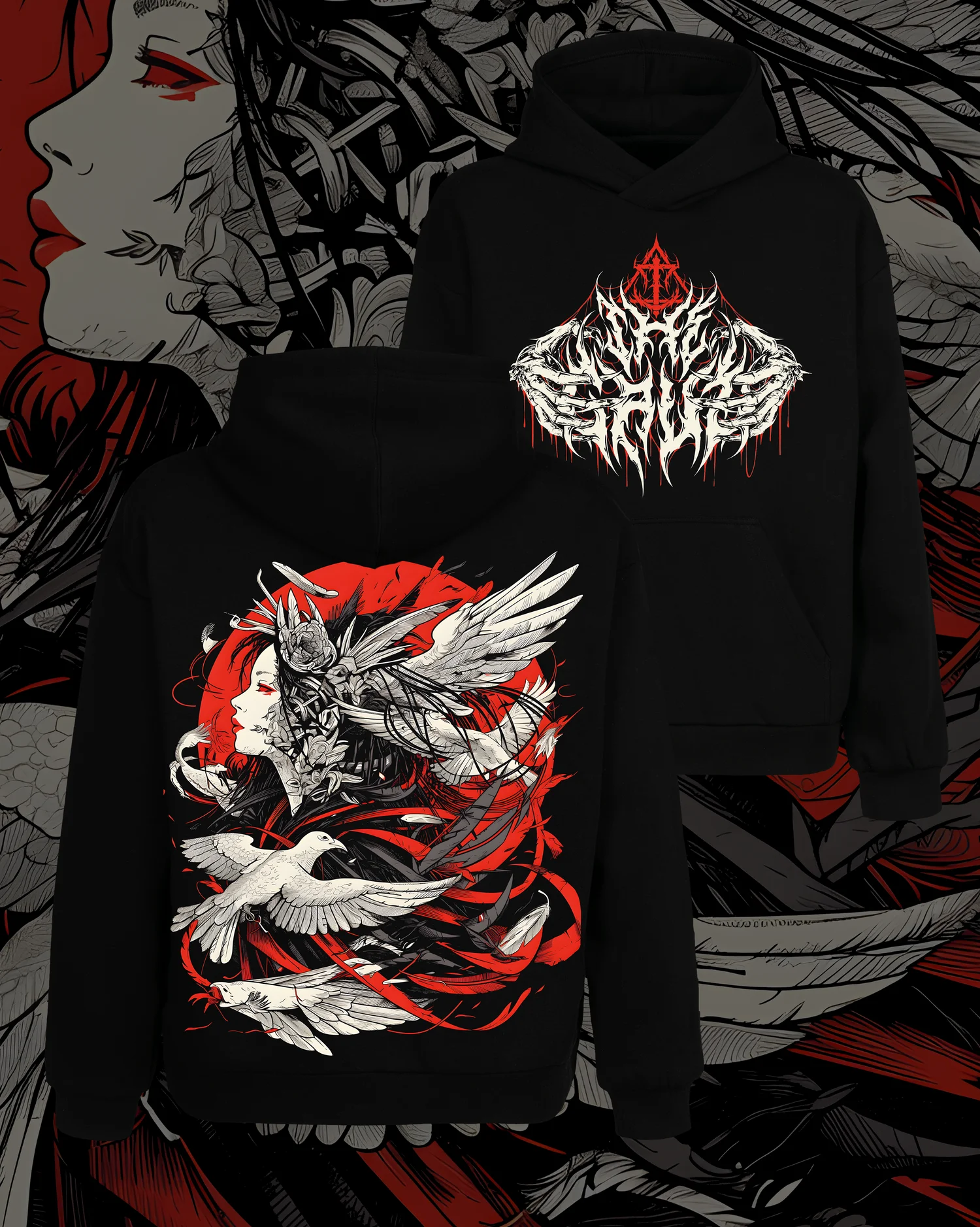 Men's Hoodie Dark Japanese Women's White Dove Red Moon Printed Death Metal Pattern Hoodie Gothic Street Wear Men's Top