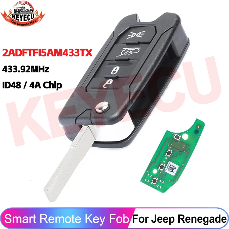 

KEYECU 4A / MQB48 Chip FCC ID: 2ADFTFI5AM433TX 433.92MHz Flip Remote Car Key For Jeep Renegade 2016 2017 2018 P/N: FI5-AM433TX