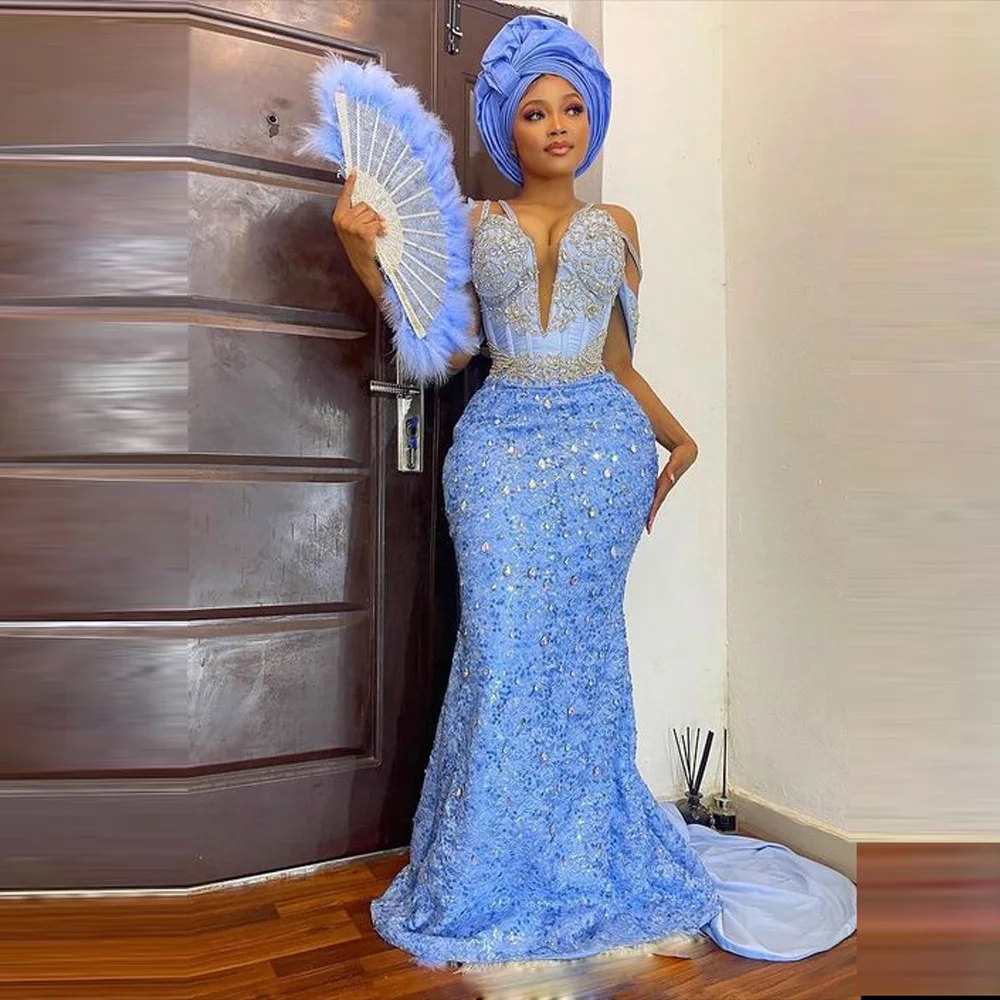 Lace Aso Ebi Prom Dresses V Neck Off The Shoulder Appliques Beads Mermaid Evening Dress فساتين للحفلات الراقصة Aso Ebi Gowns