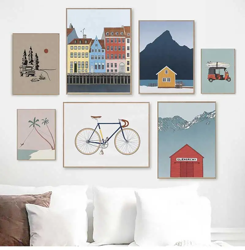 Bicycle Surf Car Lake House Minimalist Landscape Wall Art Canvas Painting Posters And Prints Pictures For Living Room Decor