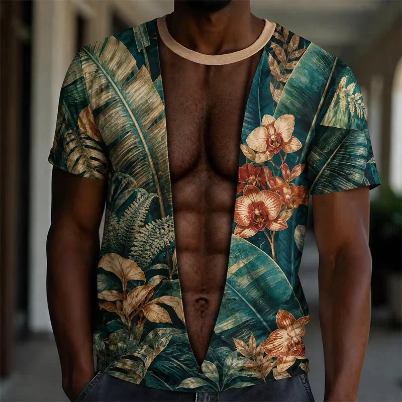 Funny 3D Printed Fake Muscle Belly T Shirt Men Flower Short Sleeve Top Colorfull Swirl Casual Summer Tee Beach Trip Pool Party