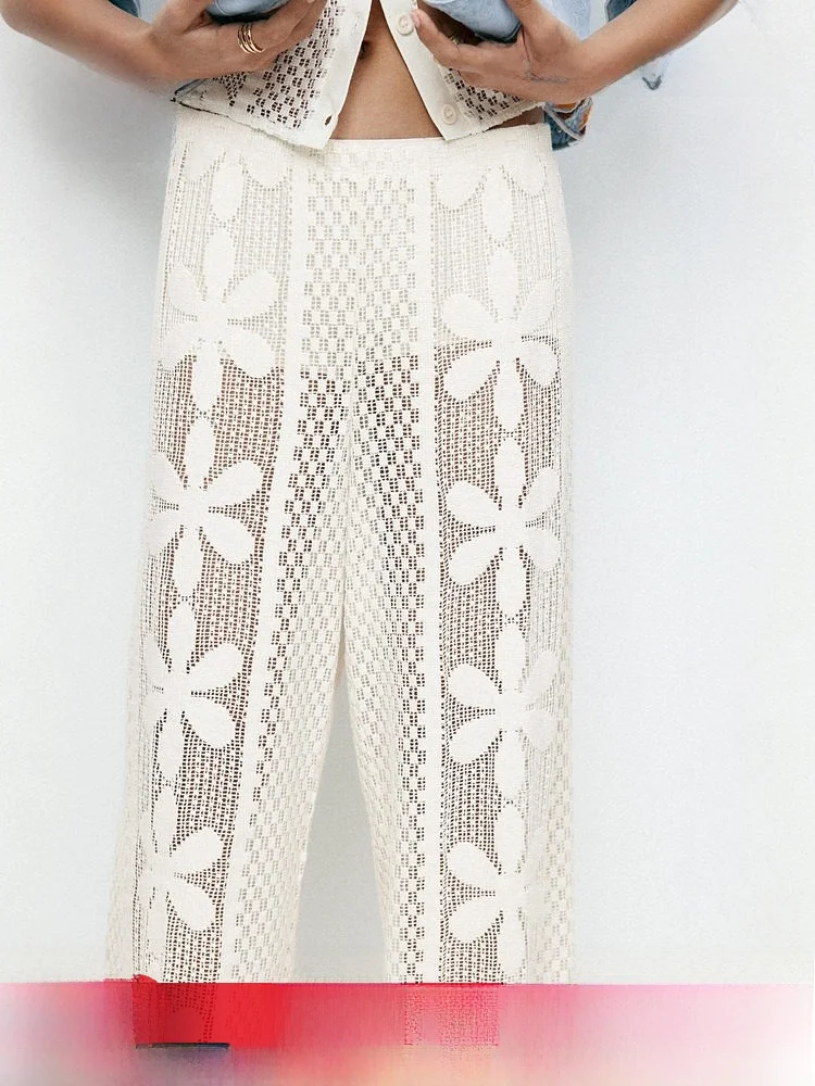 

H&M Summer New Women's Lace Sweat Cloth Long Pants High Waist Straight Leg Casual Trousers Polyester Cotton Blend Ladies