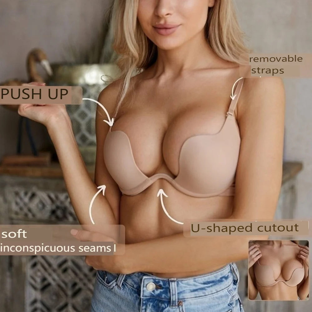 Seamless Traceless Underwear for Women Open Cup Push Up Deep U Backless Invisible Bra 1PCS