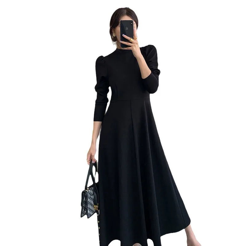 Korean Fashion Long Sleeved Half High Collar A-line Black Dress Women Elegant Spring 2024 Elegant Lady Party Club Dresses