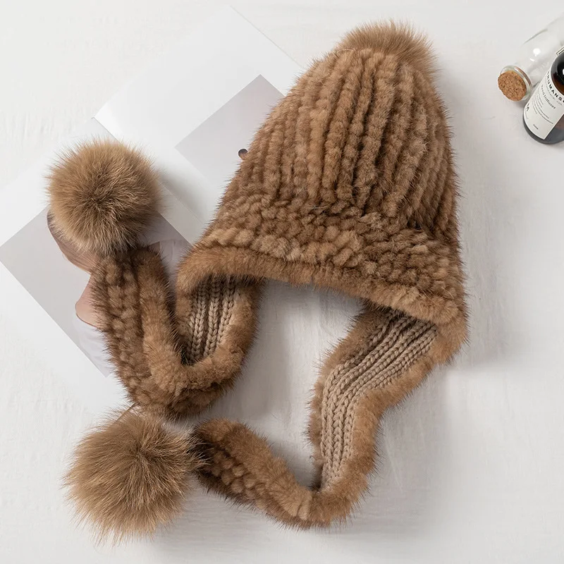 2024 New Fashion Women Winter Mink Fur Hats Knitted Real Mink With Fox Fur Ball Caps Female Russian Warm Beanies Hat Fur Hat