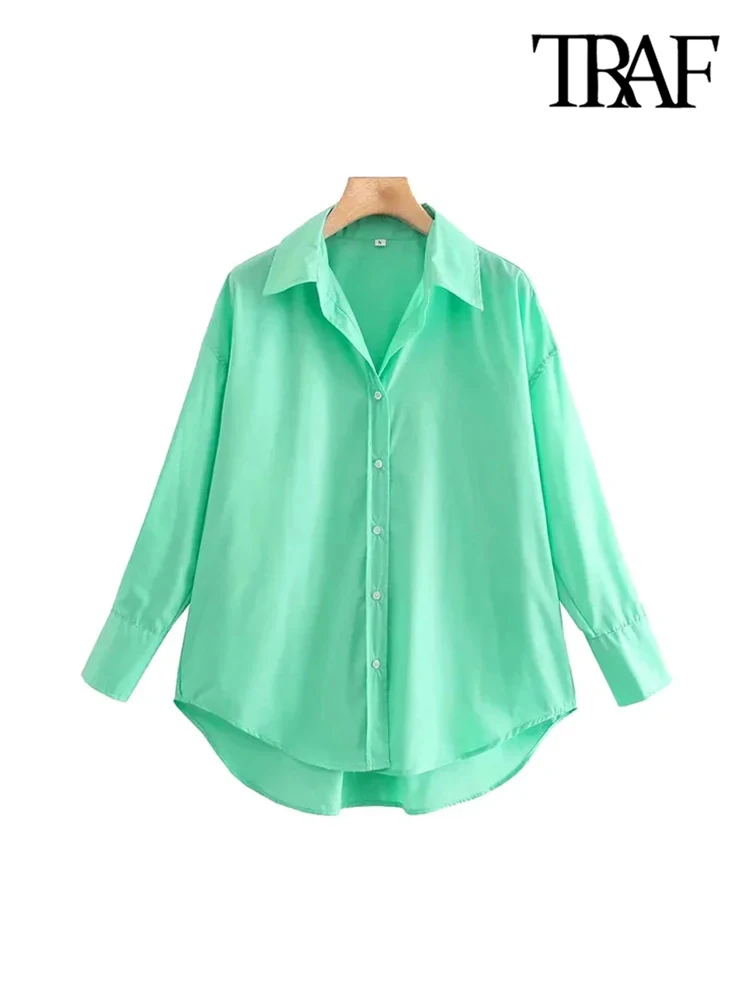 TRAF Women Fashion Office Wear Loose Poplin Solid Shirts Vintage Long Sleeve Button-up Casual Female Blouses Blusas Chic Tops