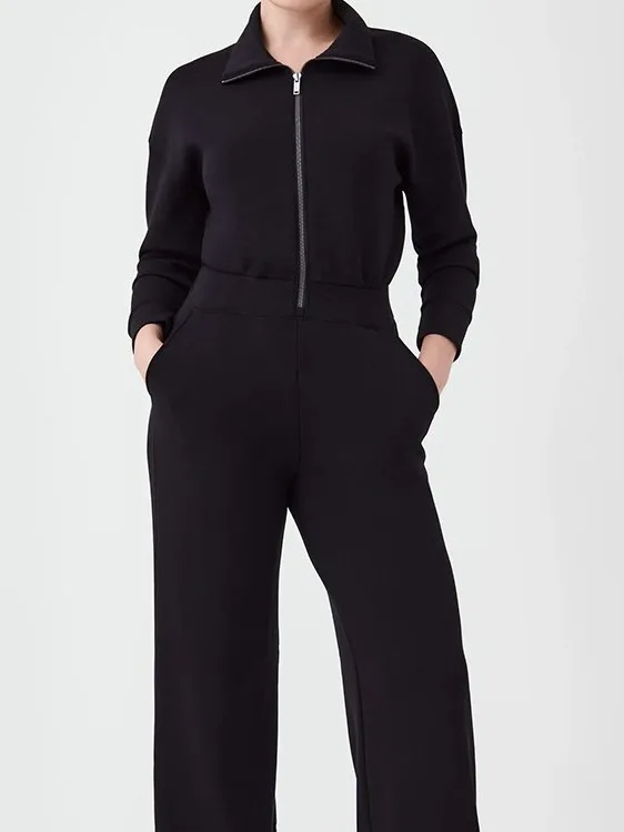 

Long Sve, комбинезон с широкими штанинами, комплект с капюшоном, женский наряд с воротником на молнии, длинные брюки из полиэстера со средней талией, удобный крой