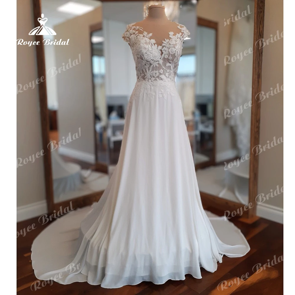 Roycebridal Illusion Back Lace Floral Chiffon Wedding Dress with Short Cap Sleeve Customized Bridal Wedding Gown abito da sposa