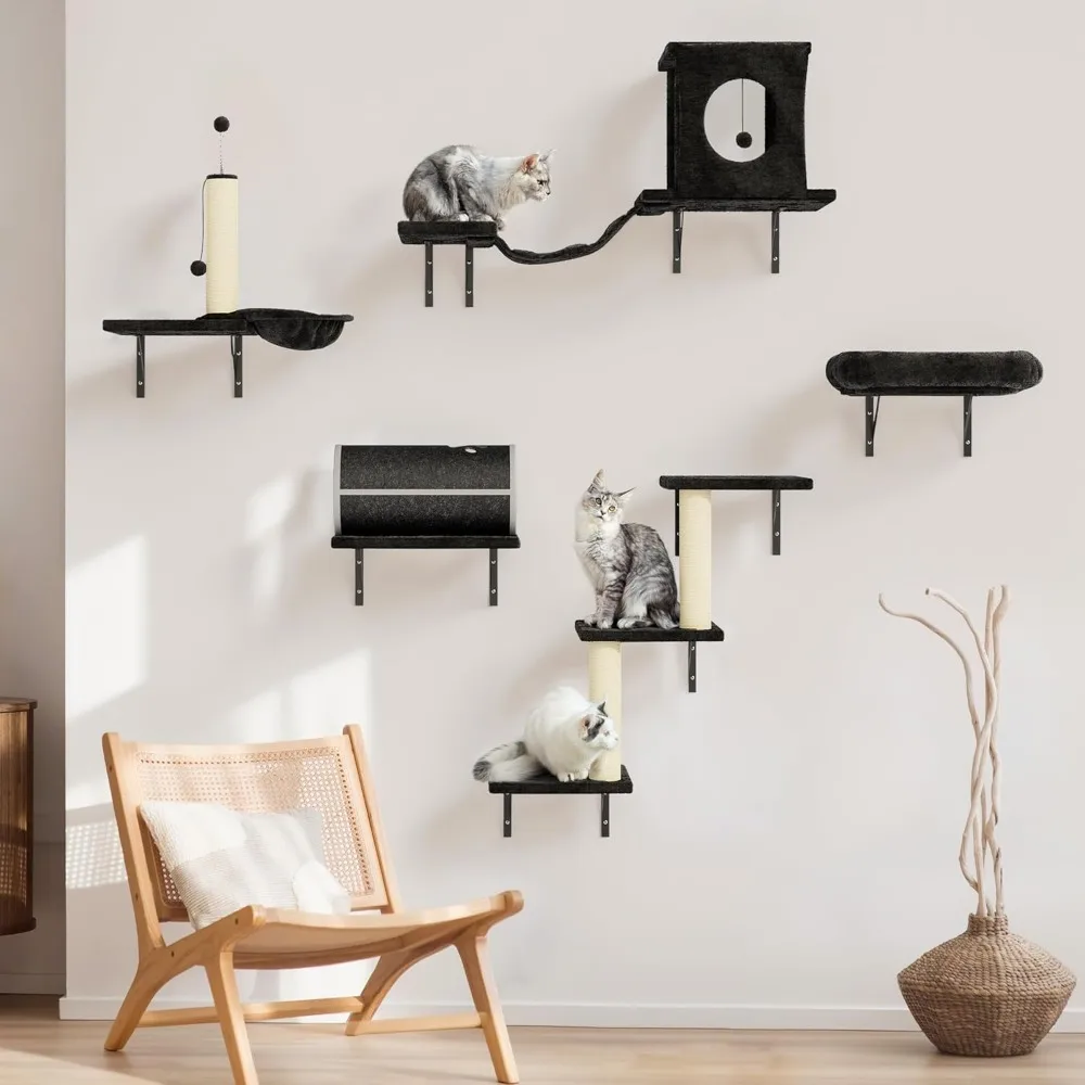 All-in-One Wall-Mounted Cat Climbing System with House, Tunnel, Bridge, Steps, and Scratching Post for Indoor Play