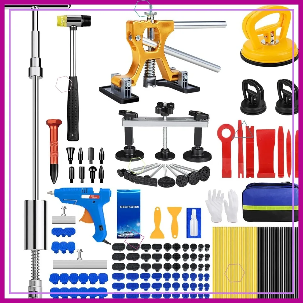 135pcs Paintless Dent Removal Kit with Golden Lifter, Bridge Puller & Slide Hammer for Car Repair