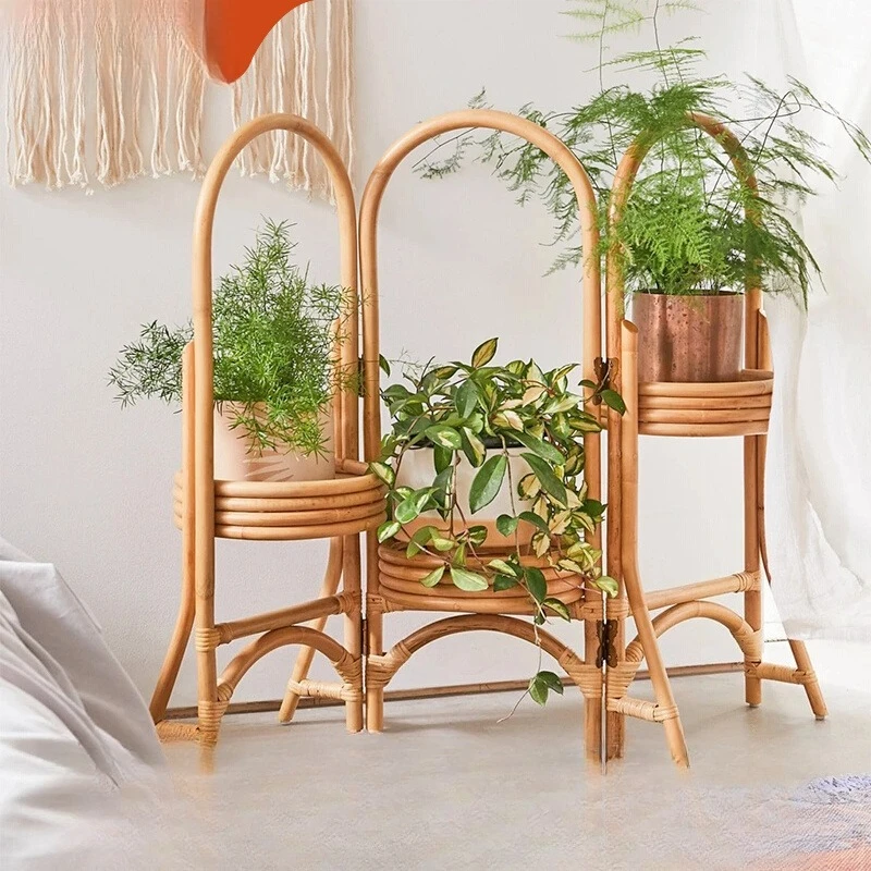 

Handmade rattan flower stand, retro creative folding shelf indoor plant