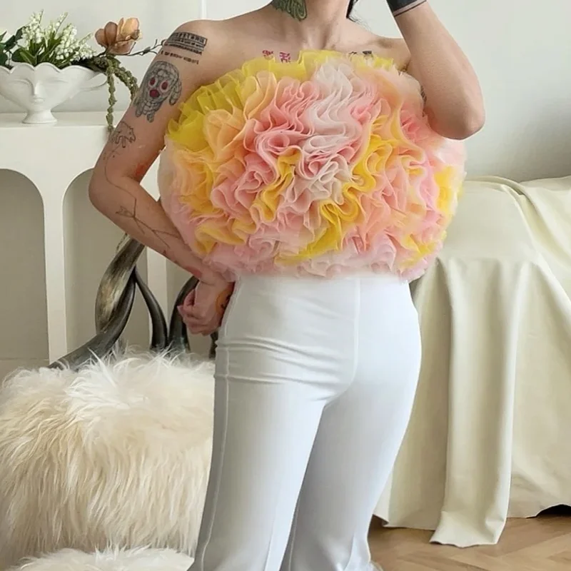 

Trendy Layered Tulle Tops Women Off Shoulder Lush Sleeveless Fluffy Ruffled Tops Girls Multi Colors