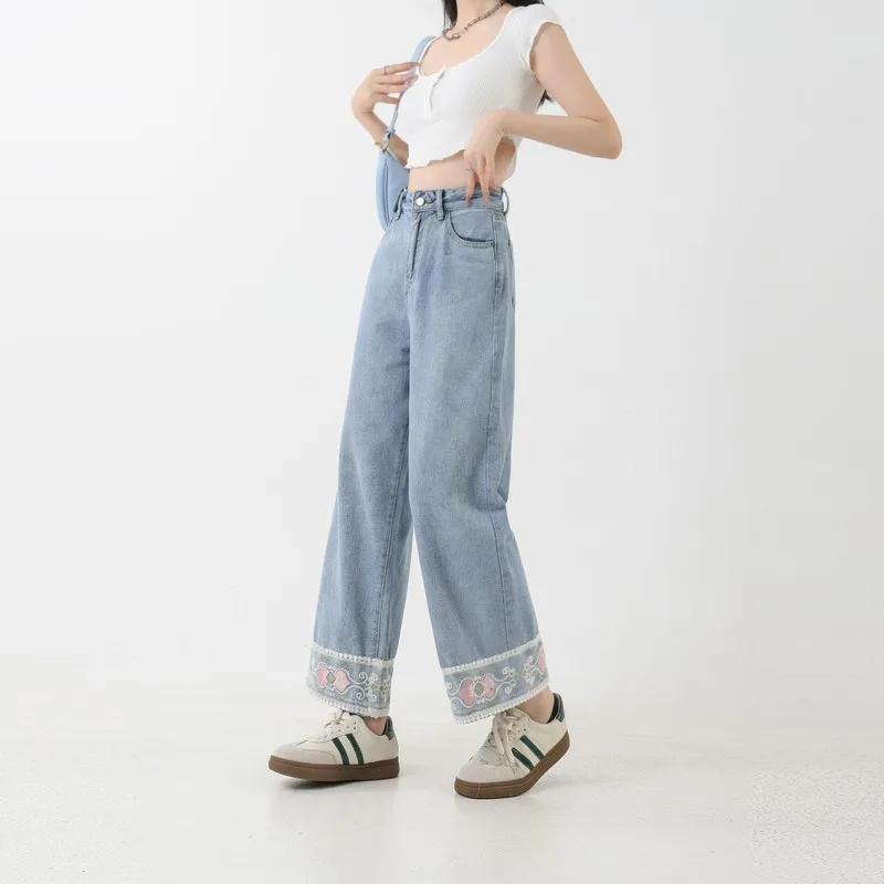 

ZHISILAO New Embroidery Print Wide Leg Jeans Women Vintage High Waist Straight Ankle-length Denim Pants Streetwear Summer 2024