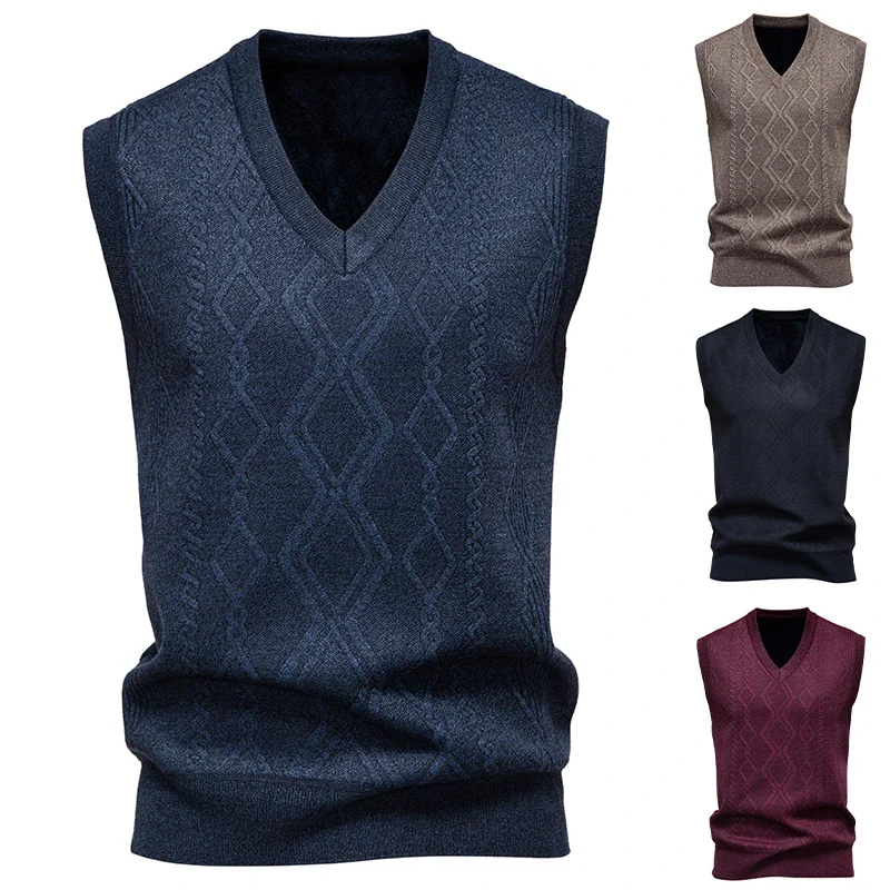 

Men's Knitted Warm Sweater in Autumn and Winter V-neck Vest Diamond Grid Twisted Flower Casual Fashion Versatile Top