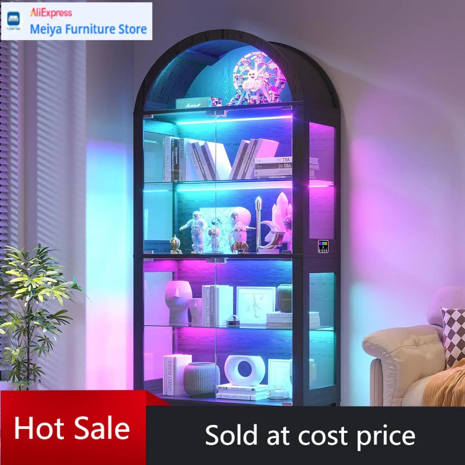 

Black 69 Inch Tall 5 Tier Tempered Glass Arched Display Cabinet With RGB Lights Doors Curio Shelf Floor Standing Living Room Boo