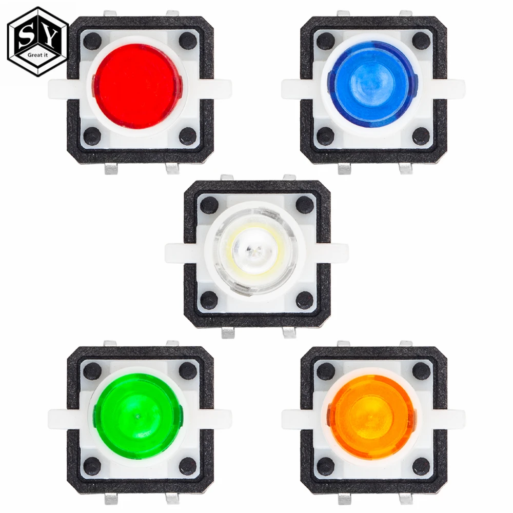 5PCS 12X12 Tactile Push Button Switch Momentary Tact LED Red Green Blue Yellow White 12*12*7.3mm