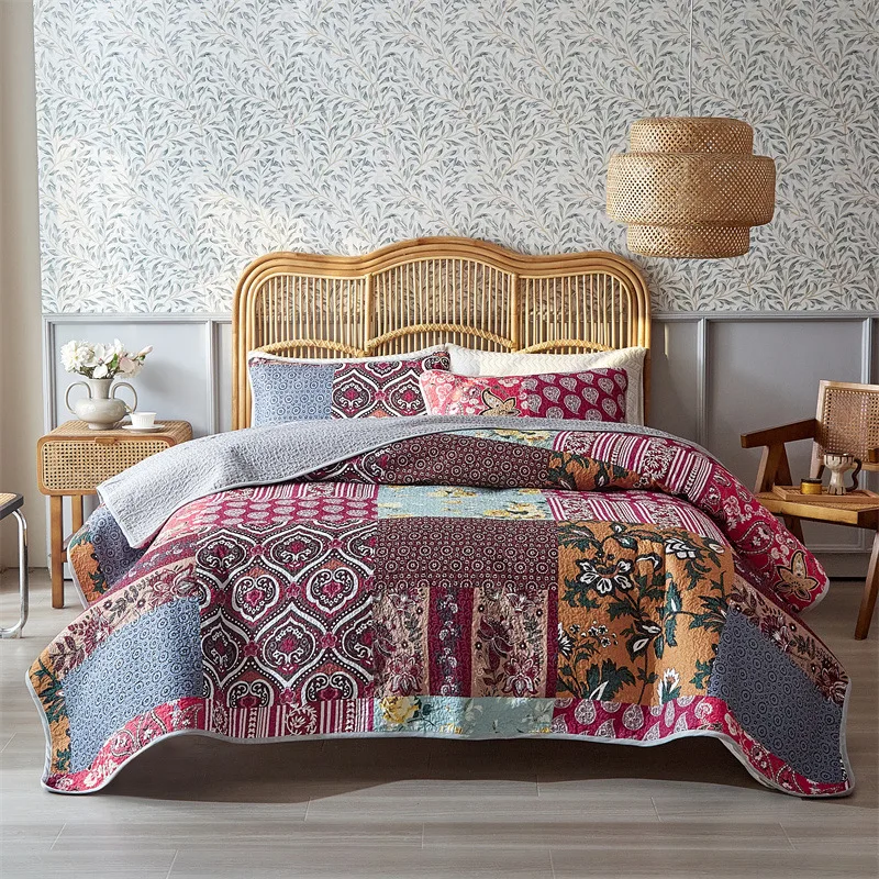 3PCS Patchwork Quilt Set King Size, Floral Farmhouse Bedspread Coverlet Set Soft Microfiber Lightweight Bed Cover for All Season
