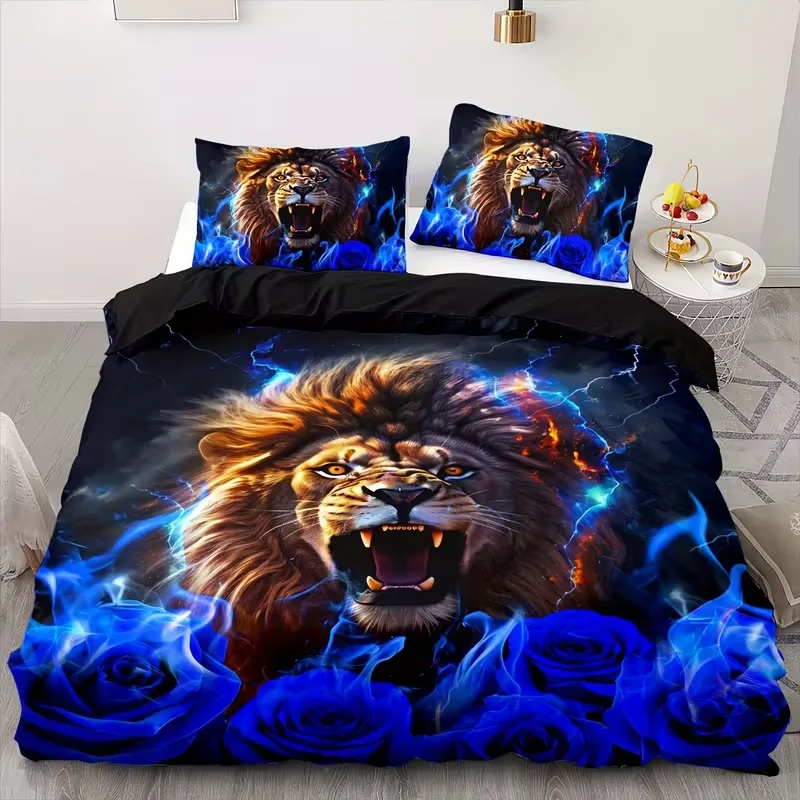 

3pcs Duvet Cover Set Black Lion Double Bedding Set for Boys Red Rose Comforter Cover for Bedroom Decoration