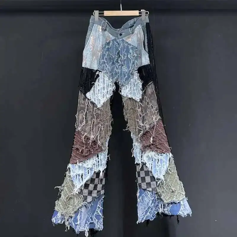 Men's Splicing Jeans High Street Autumn Heavy Industry Outdoor Wearproof Personality Cool Worn Out Denim Trousers ZA35
