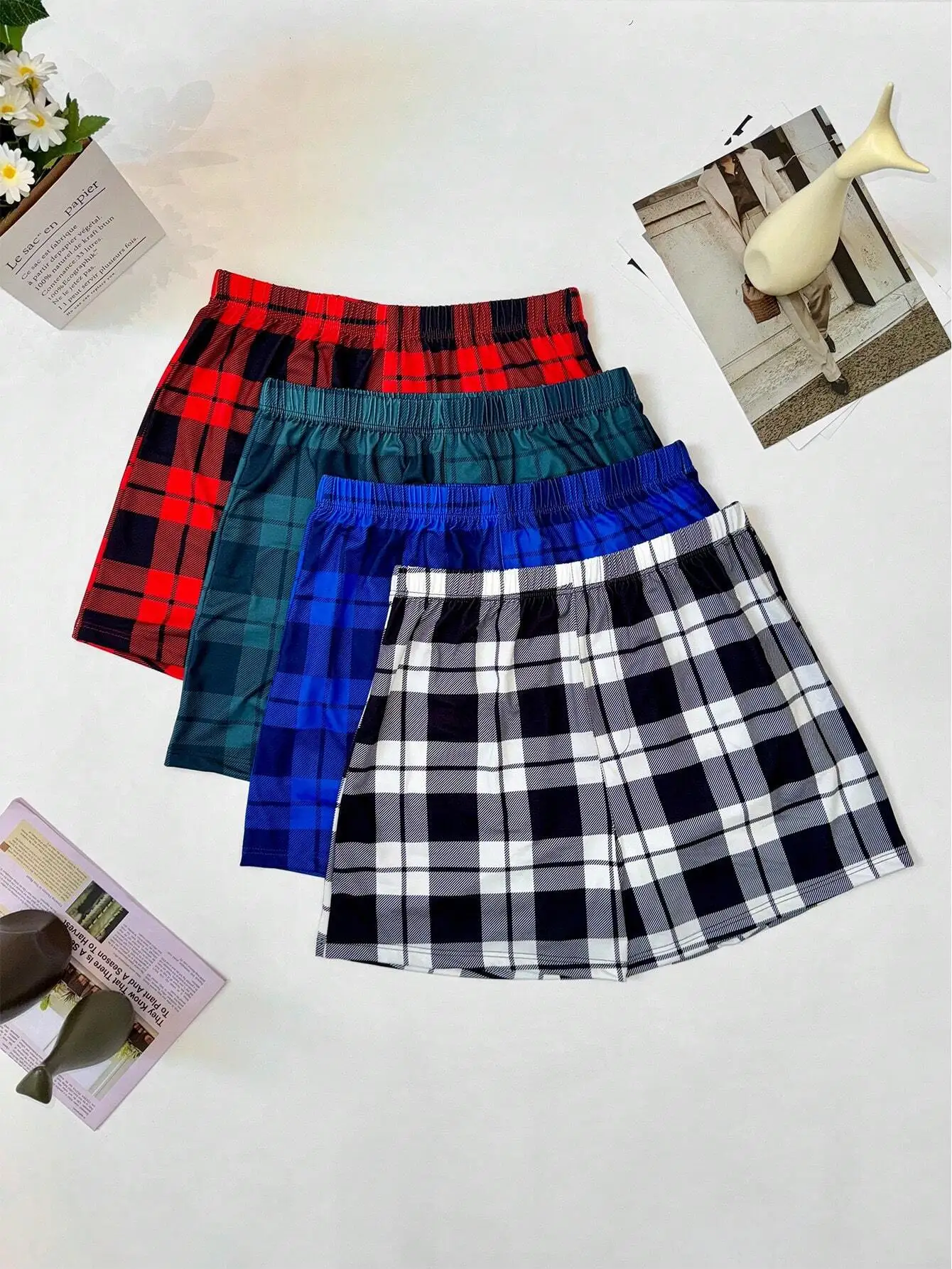 

4 шт. мужских боксеров в клетку с эластичной резинкой на талии, удобные и дышащие