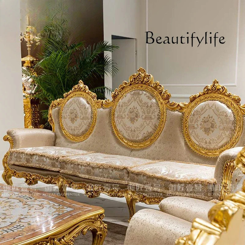 

European Solid Wood Carving Flower Sofa Hand Foil Craft Fabric Sofa Combination Large Apartment Living Room Furniture X