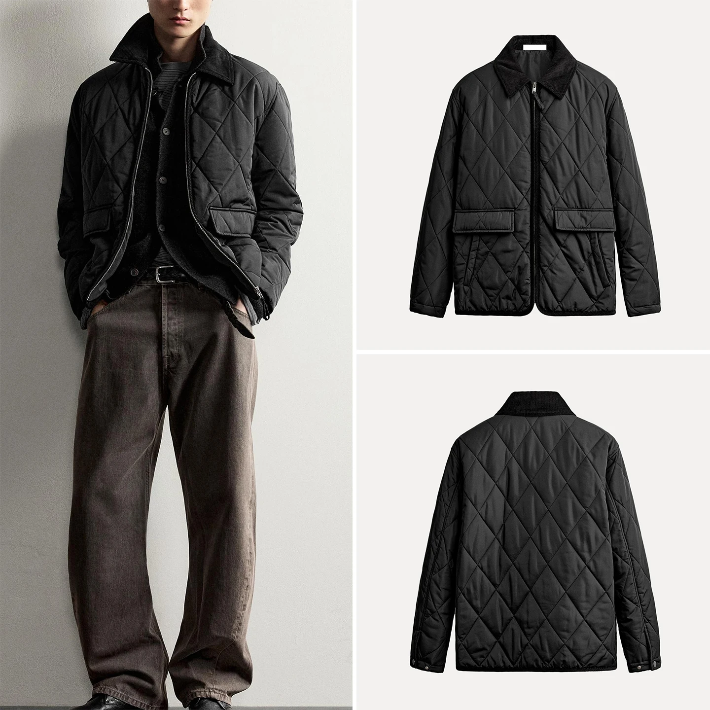 Men's Fashionable Geometric Patchwork Long Sleeve Collar Jacket Autumn 2026 ZADATA Standard Fit Casual Style Diamond Pattern