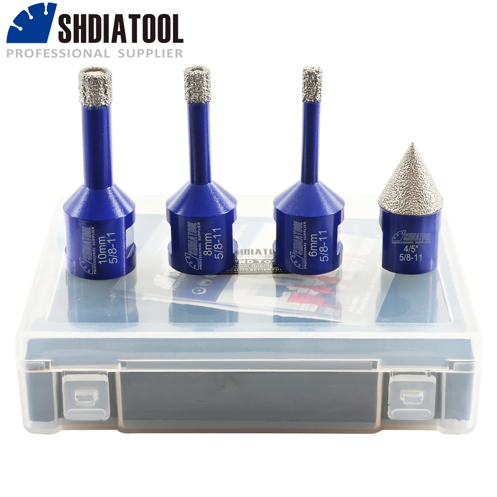 

SHDIATOOL Diamond Drill Bits 4pcs/set Dia 6/8/10mm Core Bits+20mm Chamfer Bit for Porcelain Tile Granite Marble 5/8-11 Hole Saw