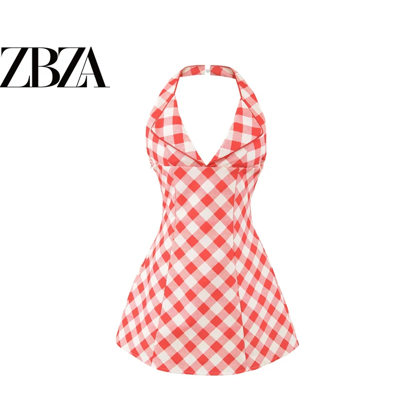 Red Plaid V-neck Hanging Neck Backless A-line  Skirt Women's Fashion Retro Style All-match Slim Fit Short Skirt