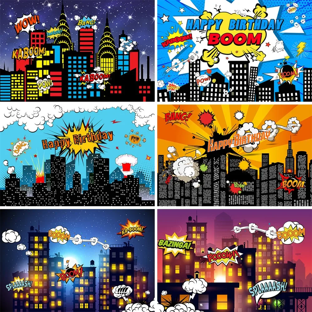 

Super Hero Night City Building Photography Background Child Birthday Cartoon Newborn Cake Smash Backdrop Photo Studio Photophone