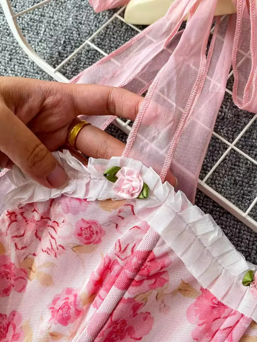 Foamlina doux Floral coupe ajustée arête de poisson haut court femmes rétro romantique rose imprimé Bandeau licou à volants gilet Camis réservoirs