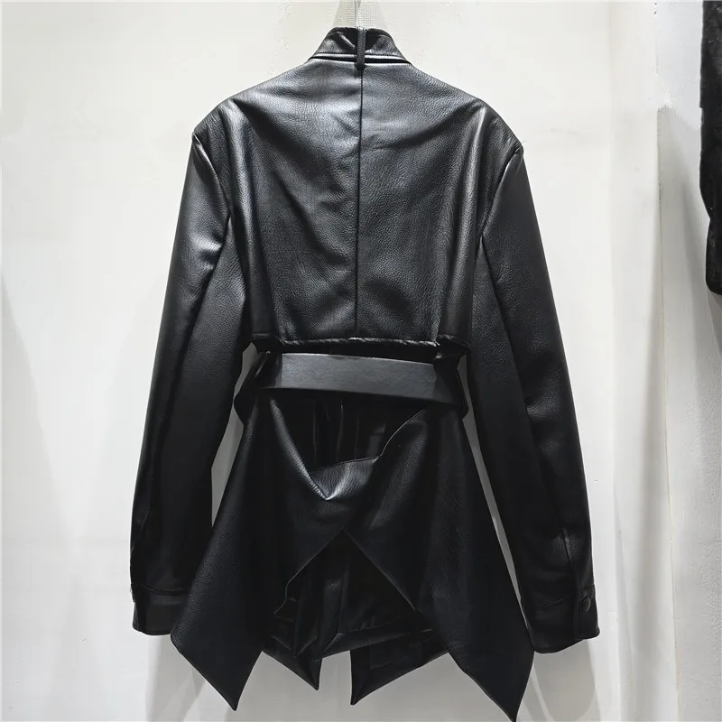 HKSH Women PU Leather Jacket Dark Style Waist-cinching Techwear Stand Collar Irregular Design Patchwork Sashes Long Coat HK26346