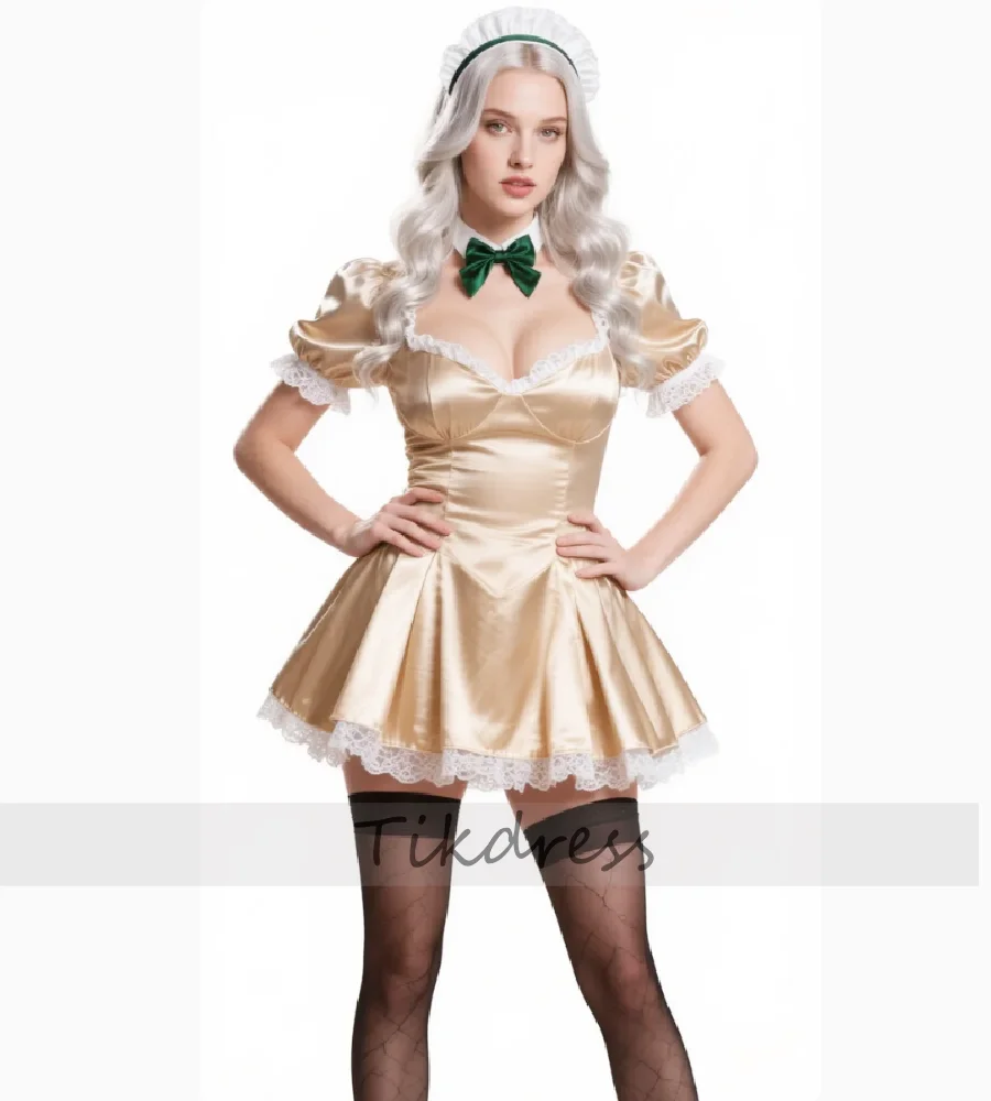 

Chic Gold Cosplay Evening Dress 2026 Short Sleeve Mini Short Prom Dress Satin Lace Costume Birthday Club Cocktail Dress Formal