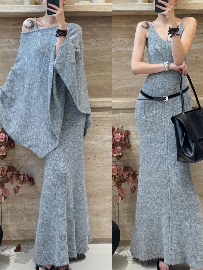 

Korean Sle oulder Bared Lazy Sweater Women's Inner Match Skirt Two Piece Set with Belt Autumn Faion Casual Wear