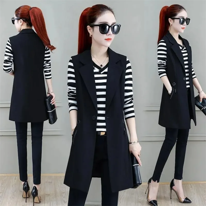 

Блейзер-жилет для женщин, длинная куртка без рукавов, новинка 2023 года, корейский костюм с подкладкой, жилеты, женские рабочие куртки без рукавов