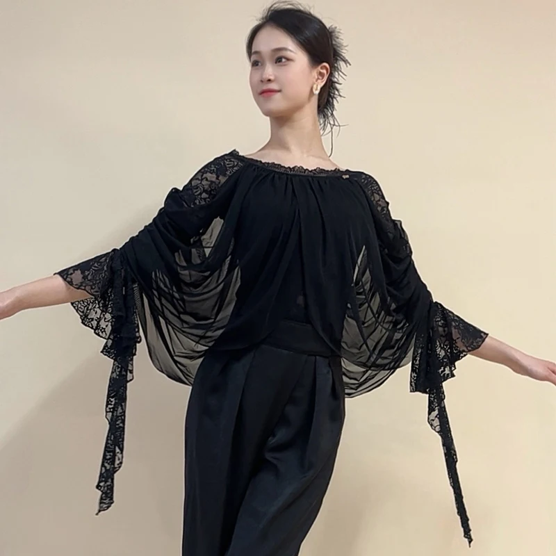 Top da ballo per sala da ballo in pizzo nero Abbigliamento per spettacoli di danza valzer Abiti da pratica per donna Tuta da ballo latino Salsa per adulti BL15763