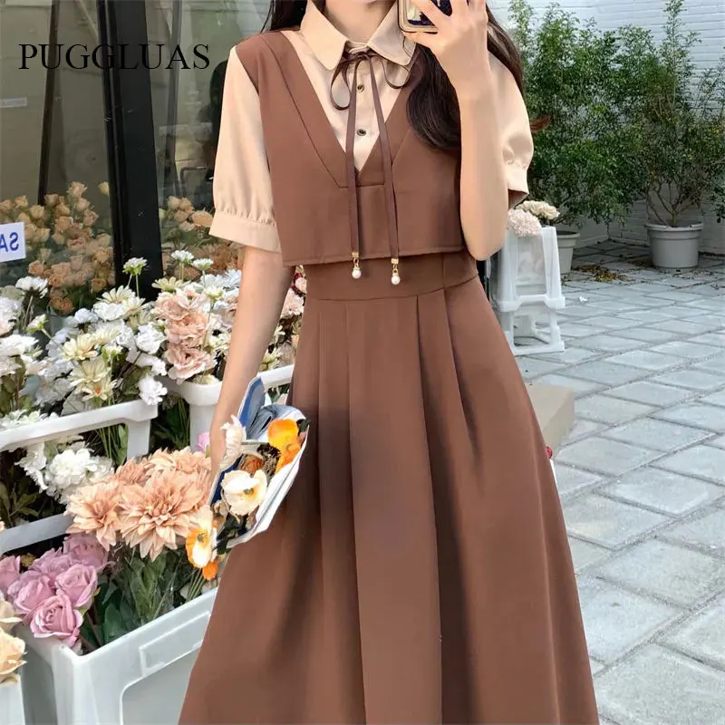 

Summer Elegant Woman Dress Sweet Preppy Style Japanese Students Womens Streetwear Fake Two Short Sleeve Midi Dress Vestido