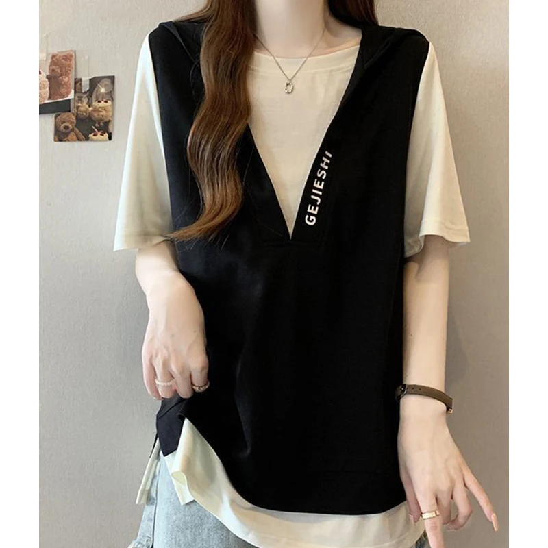 Women Curvy Plus Size Patchwork Hooded Fake Two Piece Tee Summer Letter Print Loose Hide Belly Casual Oversized Short Sleeve Top